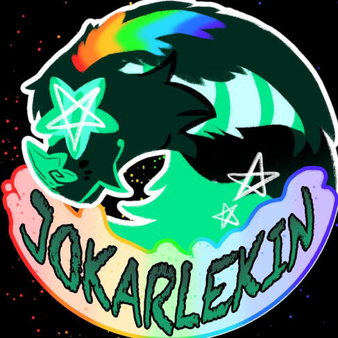 Jokarlekin's logo, representing a black and turquoise bat with rainbow horns. It has turquoise star-shaped glassies, and the whole drawing has a rainbow outline. The character head is above a white splash zone, with the word Jokarlekin in it. The backgroun